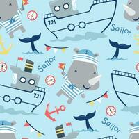 Vector seamless pattern of cute rhino in sailor suit with sailing elements