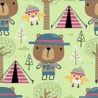 Seamless pattern vector of cute bear in scout uniform with little bird in encampment