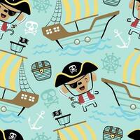 Vector seamless pattern of funny monkey in pirate costume with pirate sailing elements