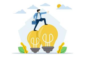 Creative Thinking Concept, Smart businessman standing on idea light bulb and looking forward. using imagination and creativity to find solutions or solve business problems, contemplation or ideas. vector