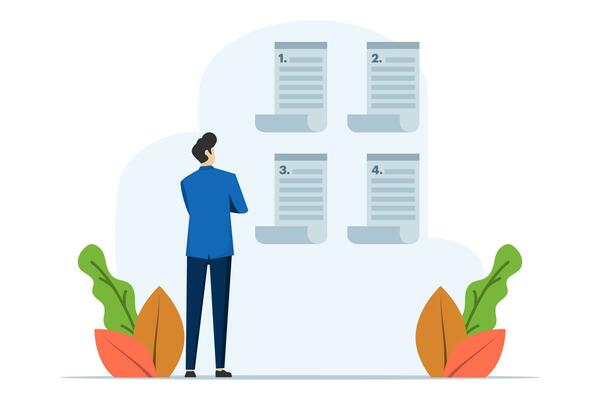 task management concept, businessman making note of to do. Set work priorities, set a list of tasks before and after, compile a list of work that must be completed before and after. vector.