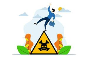 concept of preventing failure or avoiding danger, caution sign. Cautious businessman slips a skull symbol of caution, caution, business risk or warning of trouble. flat vector illustration.