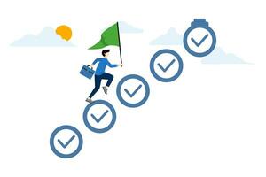 businessman steps on checklist to move forward towards target. Progress from start to success, challenges to progress and win the competition, tasks to project completion, development. flat vector. vector