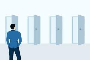 Concept of choosing options, businessman thinking to choose the right door. alternatives, deciding on a new job path or choosing an important opportunity, making decisions about career opportunities. vector