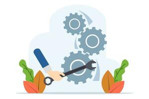 Repair concept, businessman hand grip wrench essential to make machine work well, business solution to fix problem, expertise and skills to drive success. Vector illustration on white background.