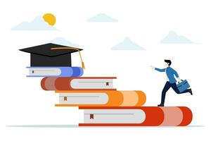 The concept of measuring education or success, entrepreneurs step on piles of books as a ladder to reach the graduation limit above. studies for skill development to achieve business success. vector. vector