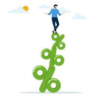 businessman balance on percentage stack. Rising interest rates risk causing business slowdowns, banking problems or unstable financial debt, and there is a risk of economic recession. vector