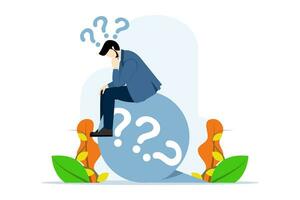 skeptical or rational concept, critical thinking to solve problems, thoughtful businessman sitting like a thinker in a thought bubble. solutions, focus on new ideas, concentration or contemplation. vector