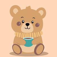 vector flat cute bear illustration holding cup of coffee with pastel background