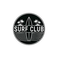 Surf club logo design idea with vintage surfboard icon, retro label circle vector