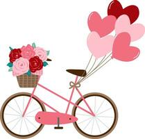 rosado bicicleta con corazón globos y Rosa ramo de flores en cesta mano dibujar vector