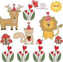 wild heart with cute deer lion and squirrel hand draw vector