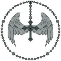 Winged cross with Christian rosary vector