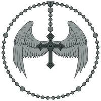 Winged cross with Christian rosary vector