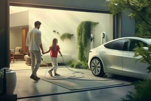 AI generated Rear view of a young man charging his electric car at a charging station, Electric vehicle charging station in private home with happy mother and son walking alongside, AI Generated photo