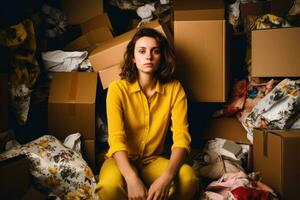 AI generated Sad young woman sitting on the floor among cardboard boxes and looking at camera, Dismissed woman sits among cardboard boxes of her belongings, AI Generated photo