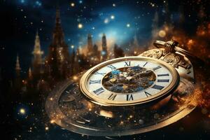 AI generated Time concept with vintage clock and planets in space. 3D rendering, Passage of time with a clock in space, AI Generated photo