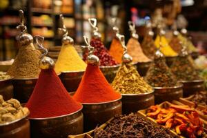 AI generated Spices on the bazaar in Istanbul, Turkey. Selective focus, Egyptian Bazaar in Istanbul offers a wide selection of ready to sell spice varieties, AI Generated photo