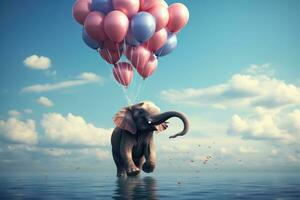 AI generated Elephant flying with colorful balloons. Mixed media. Mixed media. Mixed media, Elephant floating with balloons, AI Generated photo