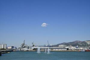 Cargo port with port cranes. Sea bay and mountainous coast. photo