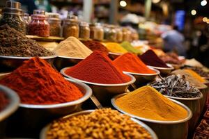 AI generated Spices on the Grand Bazaar in Istanbul, Turkey, Asia, Egyptian Bazaar in Istanbul offers a wide selection of ready to sell spice varieties, AI Generated photo