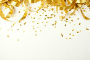 AI generated Golden confetti and ribbons on white background, flat lay. Space for text, Golden confetti and ribbons on a white background, forming a festive backdrop, AI Generated photo