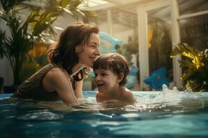 AI generated smiling kid playing with cute dolphin in swimming pool at summer day, child playing in the pool together with mother, AI Generated photo