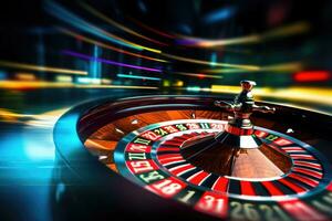 ai generado casino ruleta rueda con rojo y azul ligero efecto, 3d prestar, casino ruleta rueda en movimiento en un vistoso fondo, ai generado foto