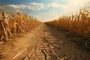 AI generated Dry corn field with blue sky and white clouds - vintage style, Drought in a cornfield, AI Generated photo