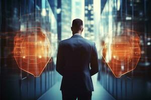 AI generated Rear view of young businessman in suit looking at abstract interface. Technology concept, Cybersecurity concept with a businessman on a blurred background, 3D rendering, AI Generated photo