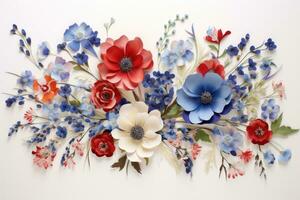 AI generated floral bouquet of poppies, forget-me-nots and cornflowers, Floral painting with red, white, and blue flowers on a white background, AI Generated photo