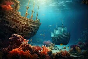 AI generated Beautiful underwater world with ship and corals. 3d rendering, Beautiful underwater world with an old shipwreck, coral, and fish, AI Generated photo