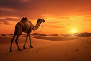 AI generated Camel in the desert at sunset. 3d render illustration, Dromedary at the sunset, AI Generated photo