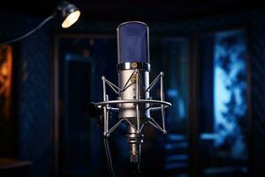 AI generated Retro microphone on stand in recording studio. Music concept background, Professional microphone showcased in the recording studio, AI Generated photo