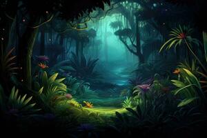 AI generated 3D render of a fantasy scene with a pond surrounded by tropical plants, A dense tropical rainforest with exotic plants and glowing fireflies, AI Generated photo