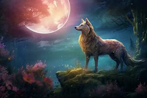 ai generado lobo en el bosque con un lleno Luna. 3d ilustración, ai generado foto