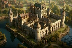 AI generated Fantasy landscape with castle and lake. 3d render illustration, AI Generated photo