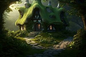 AI generated 3D render of a fantasy house in the forest. Fantasy world, AI Generated photo