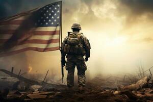 AI generated man with usa flag and usa soldier in desert background. 3 d rendering, An American soldier standing in a battlefield with an American flag in his hand, AI Generated photo