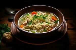 AI generated Chicken soup with pasta and vegetables on wooden table. Selective focus, A bowl of comforting chicken noodle soup, AI Generated photo