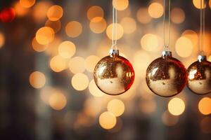 AI generated Christmas balls on bokeh background. Christmas and New Year concept, Christmas balls hanging with an out-of-focus background, AI Generated photo