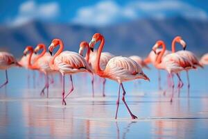 ai generado flamencos a Laguna colorada, sal lago, bolivia, grupo de rosado africano flamencos caminando alrededor el azul laguna en un soleado día, ai generado foto