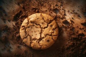 AI generated Chocolate chip cookies and cocoa powder on wooden background. Toned, A crumbly and dry texture of a cookie, AI Generated photo