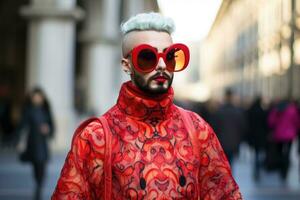 ai generado de moda joven hombre en rojo chaqueta y Gafas de sol en el calle, un Moda entusiasta vistiendo último tendencias desde Milán Moda semana, ai generado foto