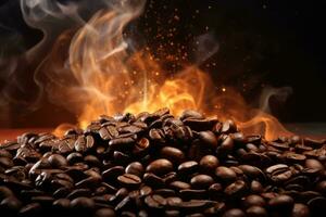 AI generated Coffee beans and cup of coffee with smoke on dark background, Beautiful background with explosive coffee beans and fire with smoke in the background, AI Generated photo