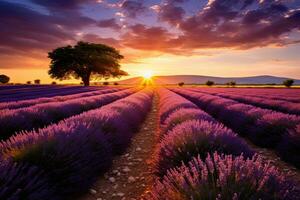 AI generated Sunset over lavender field in Provence, France, AI Generated photo