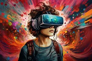 AI generated Young man wearing virtual reality goggles in front of a colorful graffiti wall, A young man wearing a virtual reality headset or 3D glasses explores a mixed media experience, AI Generated photo