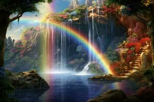 ai generado arco iris y cascada en el bosque. 3d representación. computadora digital dibujo, un mágico arco iris cascada torrencial abajo dentro un brillante cristal piscina, ai generado foto