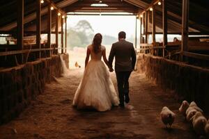 AI generated Beautiful wedding couple, bride and groom, walking in the barn, A country wedding in a rustic barn, AI Generated photo