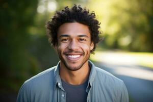AI generated Portrait of a smiling young man in the park on a sunny day, A mixed-race man smiling, AI Generated photo